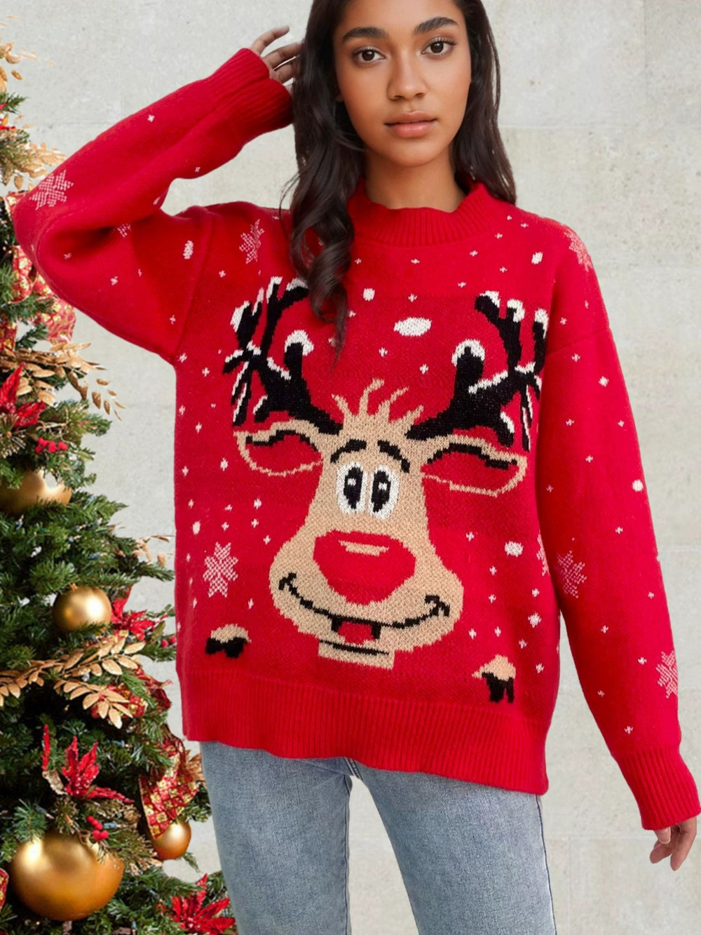 ZARA Oversized Christmas Red Deer Long Sleeve Crew Neck Sweater Fall Winter Knit